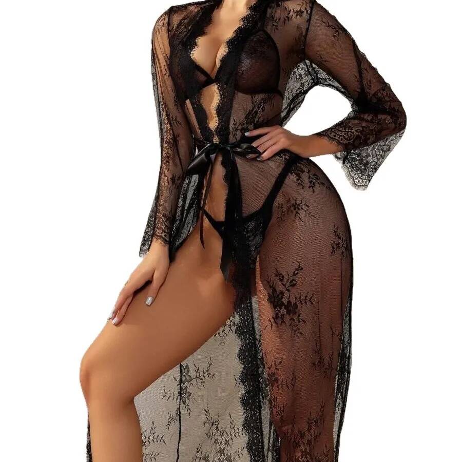 Kimono Sheer Floral - Schwarzer transparenter langer Spitzenmantel für Damen,