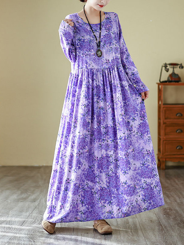Linen Dress Wrap - Frühlings-Neuheit: Rundhals-Maxikleid mit lila Blumenmuster –