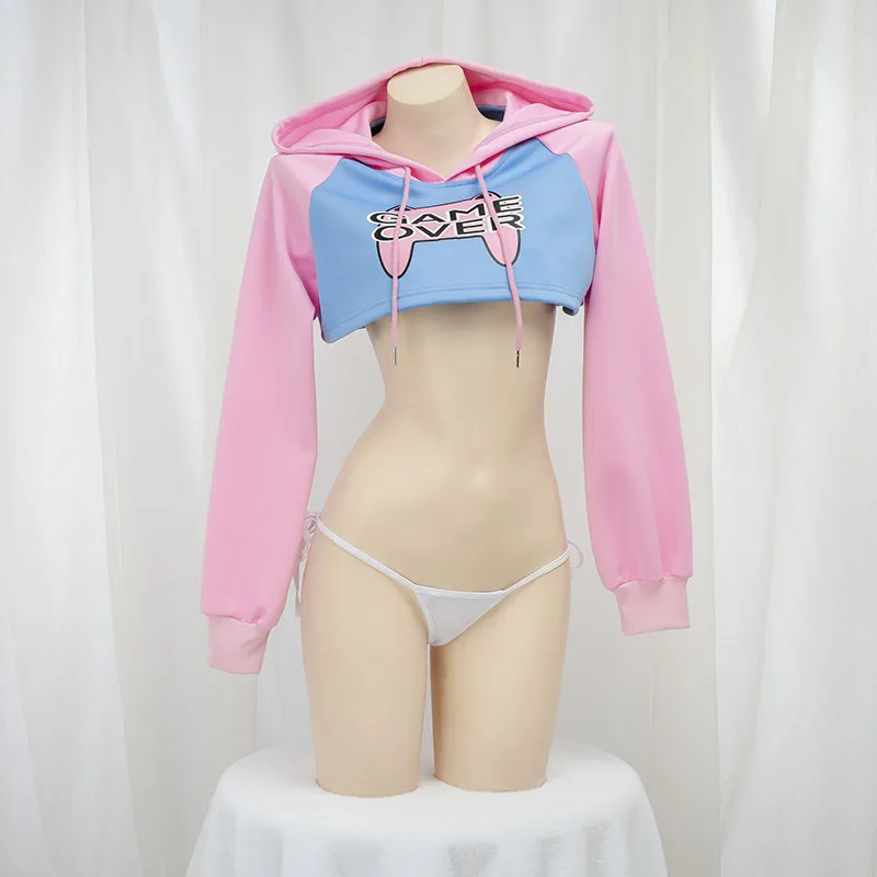 Crop Top Crochet - Niedliches Langarm-Crop-Top-Hoodie in Rosa und Blau,