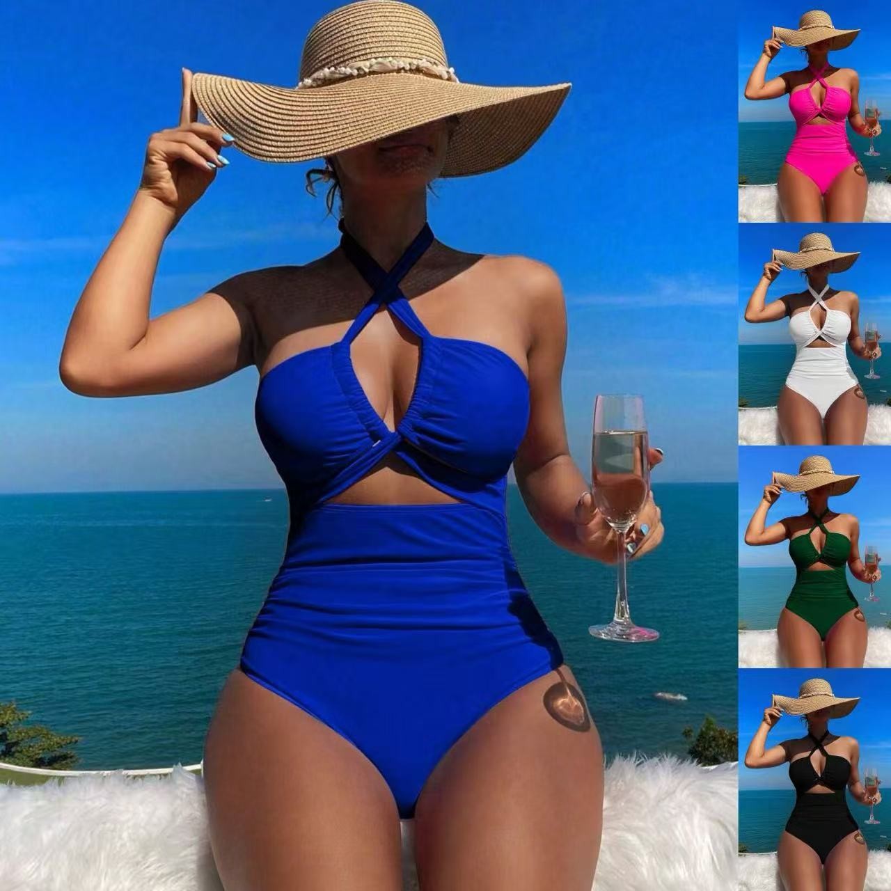 Swimsuit Bikini Ruched - Damen Badeanzug mit Neckholder, einfarbig, rückenfrei,