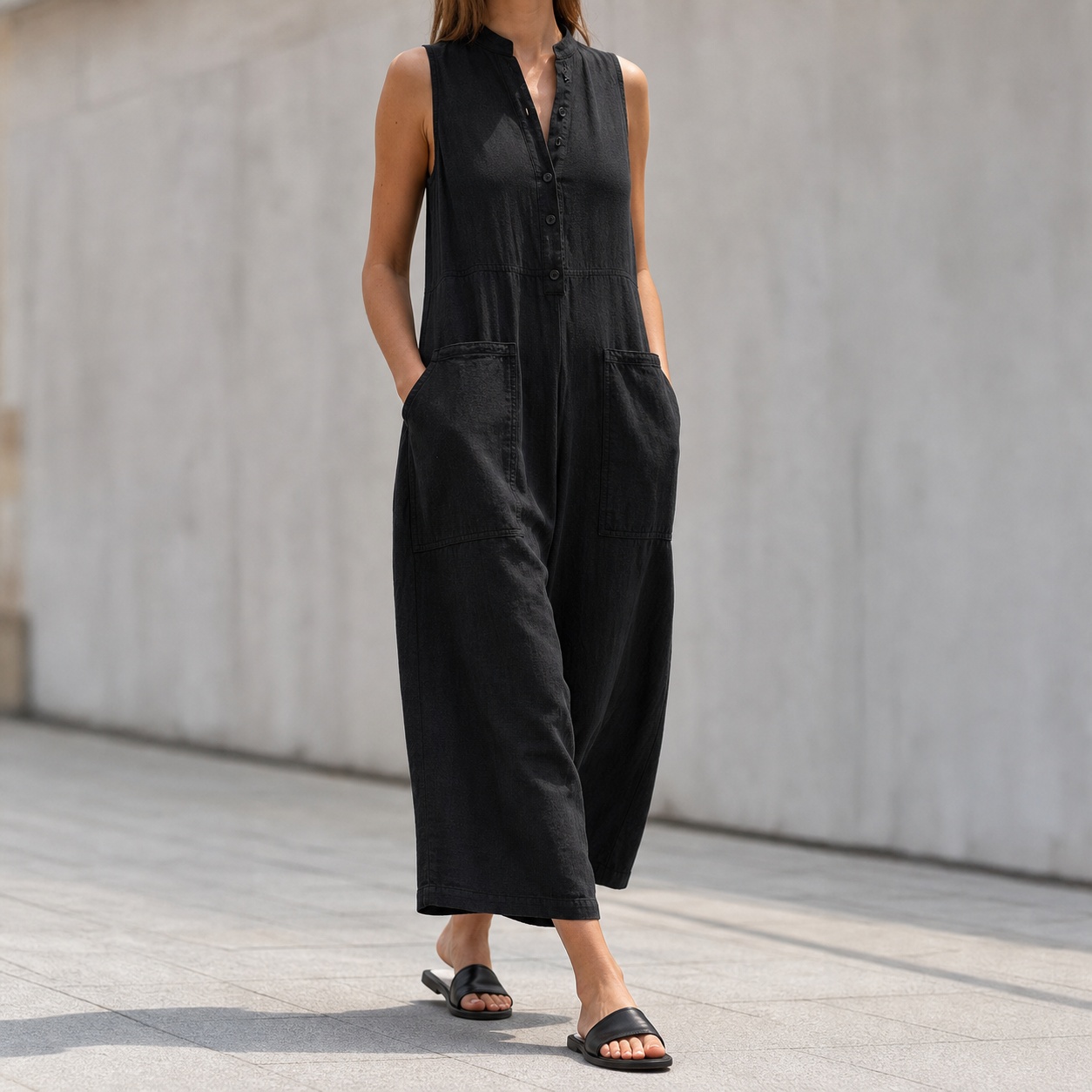 Jumpsuit Linen Relaxed - Damen-Overall aus Leinen-Baumwolle mit Stehkragen, ärmellos,