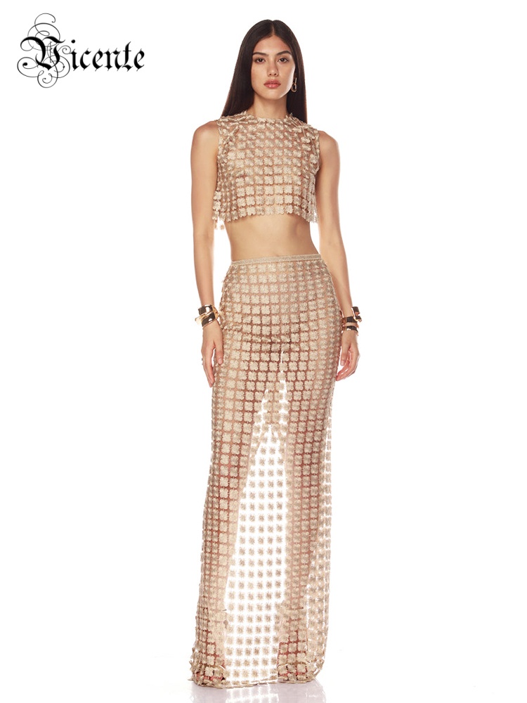 Crop Top Crochet - VC Stilvolles, beigefarbenes, ärmelloses, kurzes Oberteil
