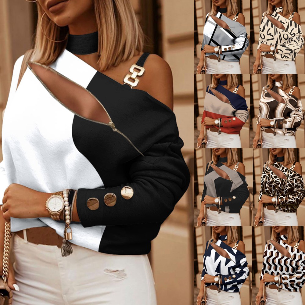 Blouse Off Shoulder - Damen Off-Shoulder Bluse mit Knopfdetail Kettenhals