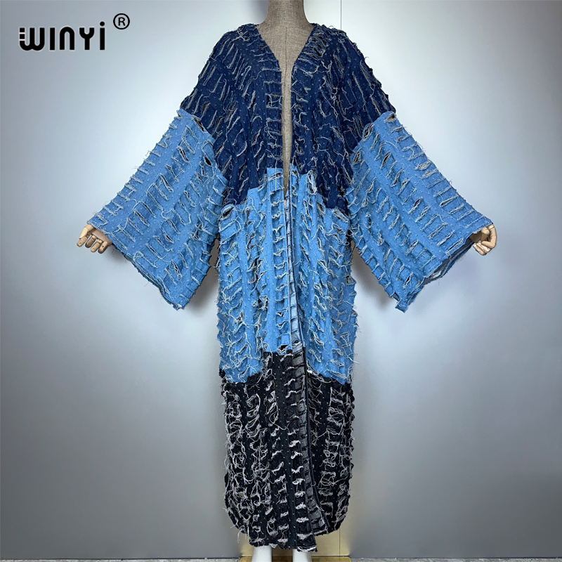 Cover Up Kaftan - WINYI Kimono Farblich passende Denim-Strickjacke Maxikleid