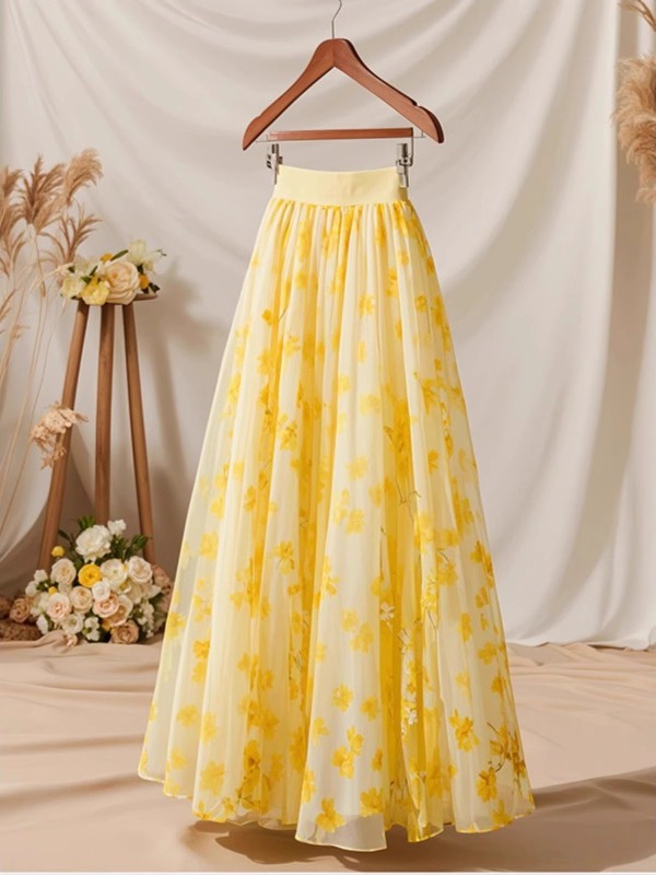 Midi Skirt Floral - Sommer 2026 Hochgeschnittener Gelber A-Linien-Rock Damen