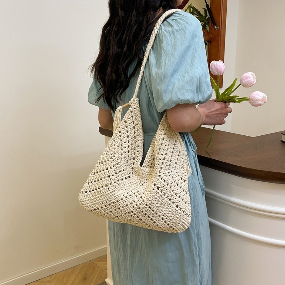 Tote Bag Beach - Sommerliche Boho-Strick-Schultertasche, einfarbige Häkeltasche aus Baumwollgarn,