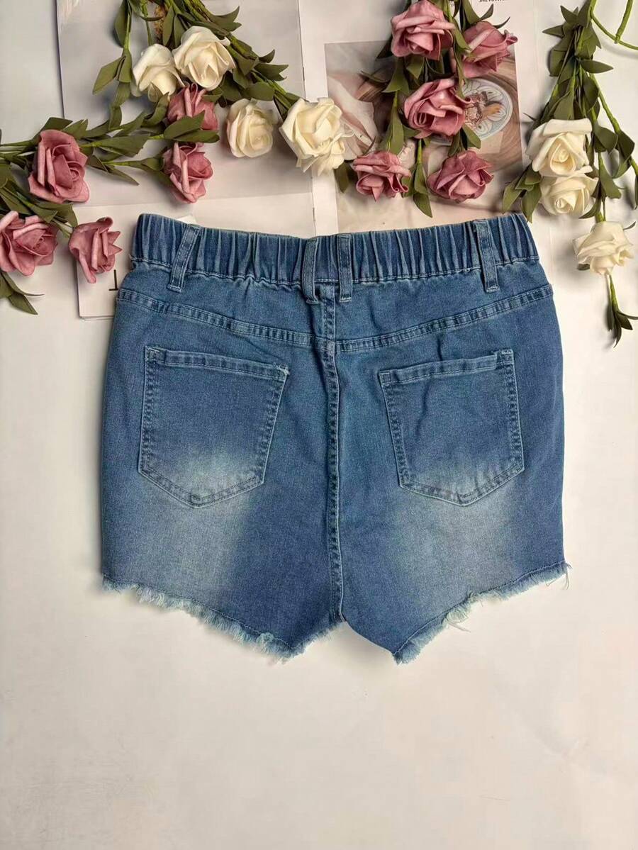 Shorts Denim Frayed - Damen-Jeansshorts mit elastischem Bund und ausgefranstem