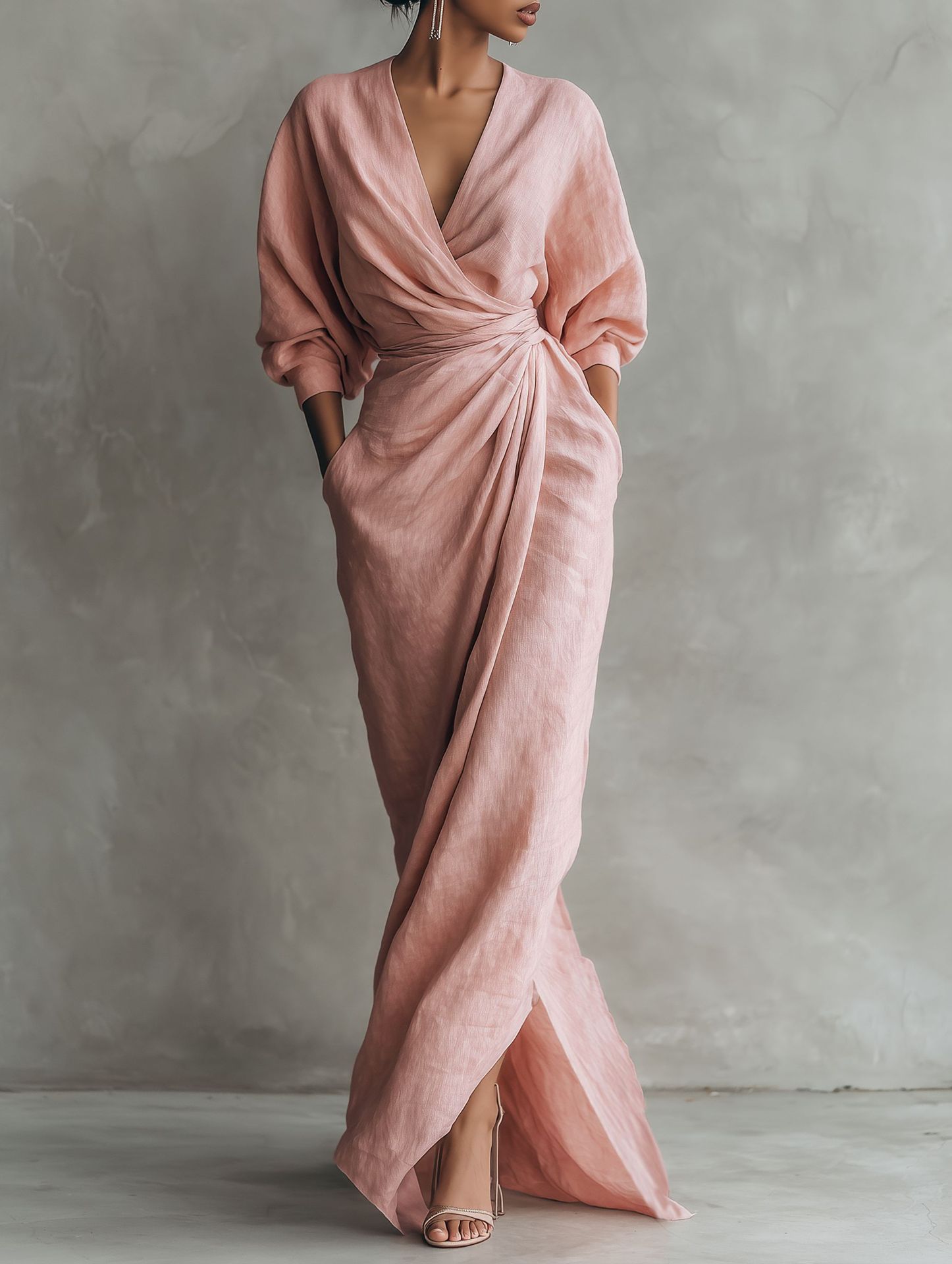 Linen Dress Wrap - Damen Leinen-Mix Wickel-Maxikleid V-Ausschnitt Fledermausärmel Taillenknoten