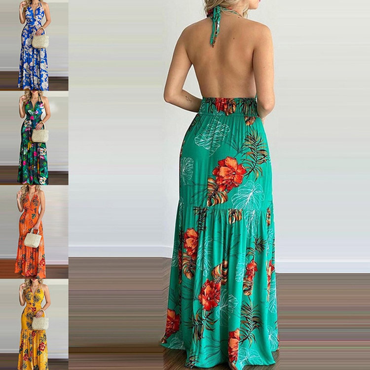 Maxi Dress Halter - Florales Maxikleid, langes, rückenfreies, elegantes Sommerkleid