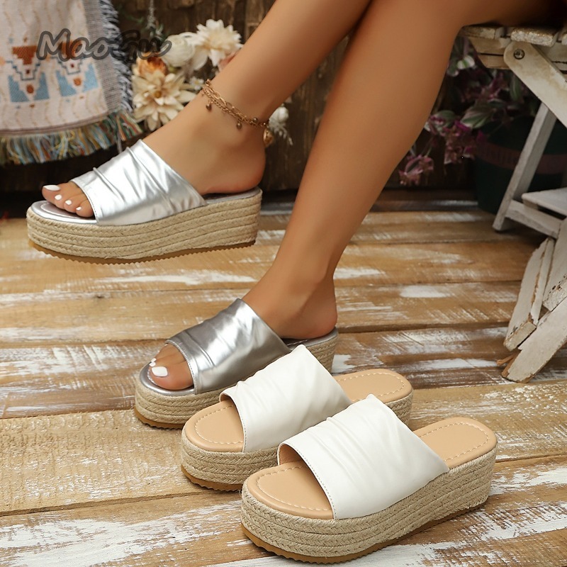 Wedge Espadrille Women - Damen Espadrille Keilabsatz-Sandalen mit Raffung, offene