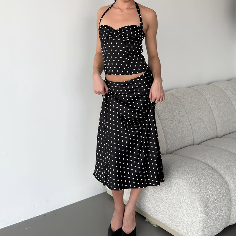 Crop Top Crochet - Zweiteiliges Set mit Polka-Dot-Rock für Damen,