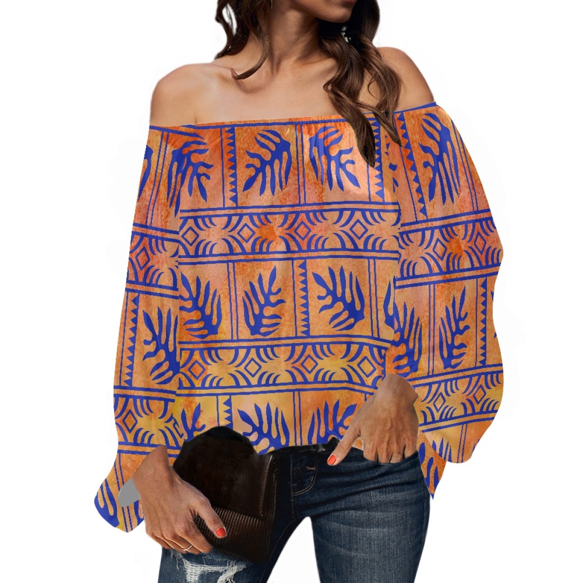 Blouse Off Shoulder - Polynesische Stammeskleidung Samoanische Tapa Tonganische Druckmuster