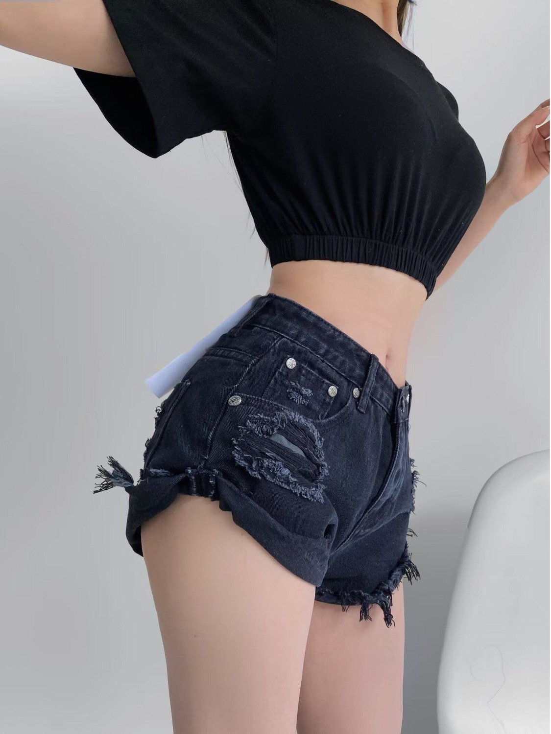 Shorts Denim Frayed - Damen Low-Waist Distressed Denim Shorts Y2K