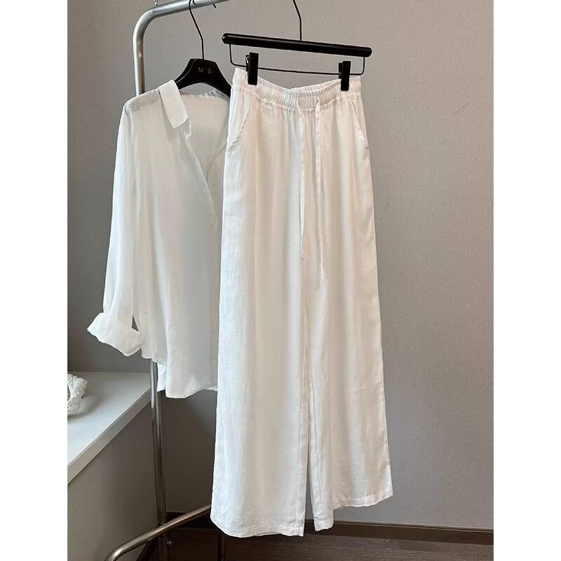 Linen Pant Wide - Koreanisches Set aus weißer Baumwolle und