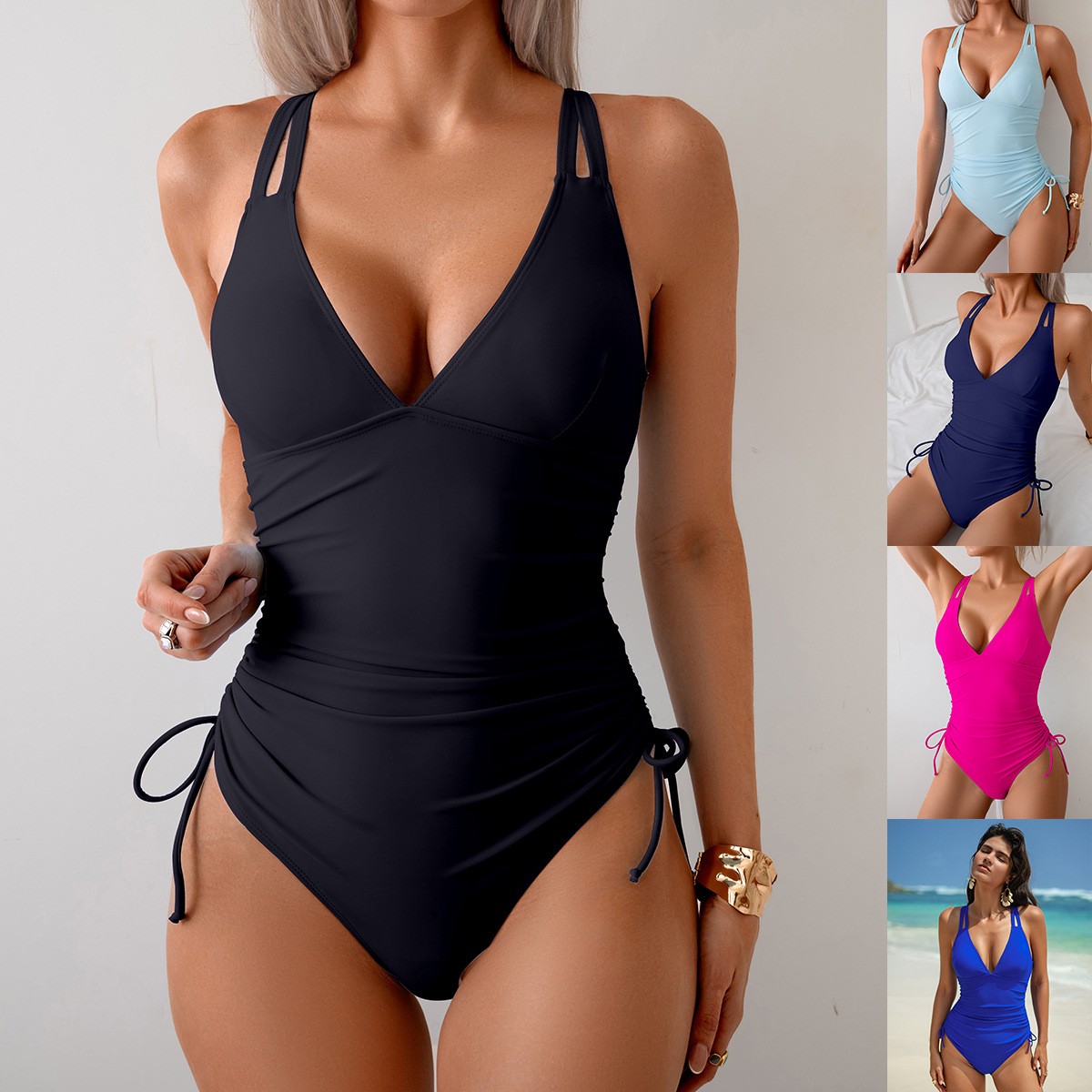 Swimsuit Bikini Ruched - Einteiliger Badeanzug in Schwarz mit V-Ausschnitt,
