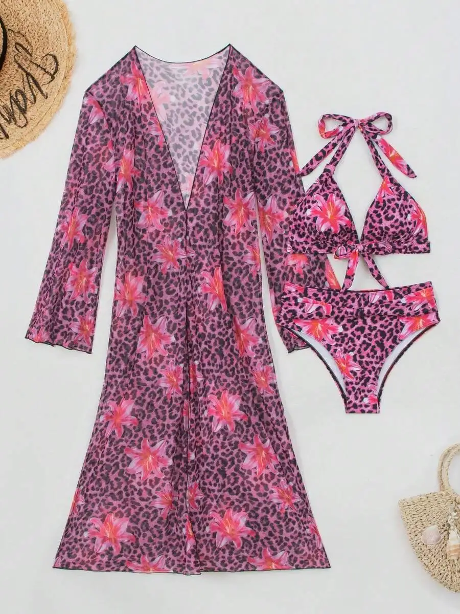 Kimono Sheer Floral - Damen 3-Teiliges Leoparden-Blumenmuster Bikini-Set mit Langarm