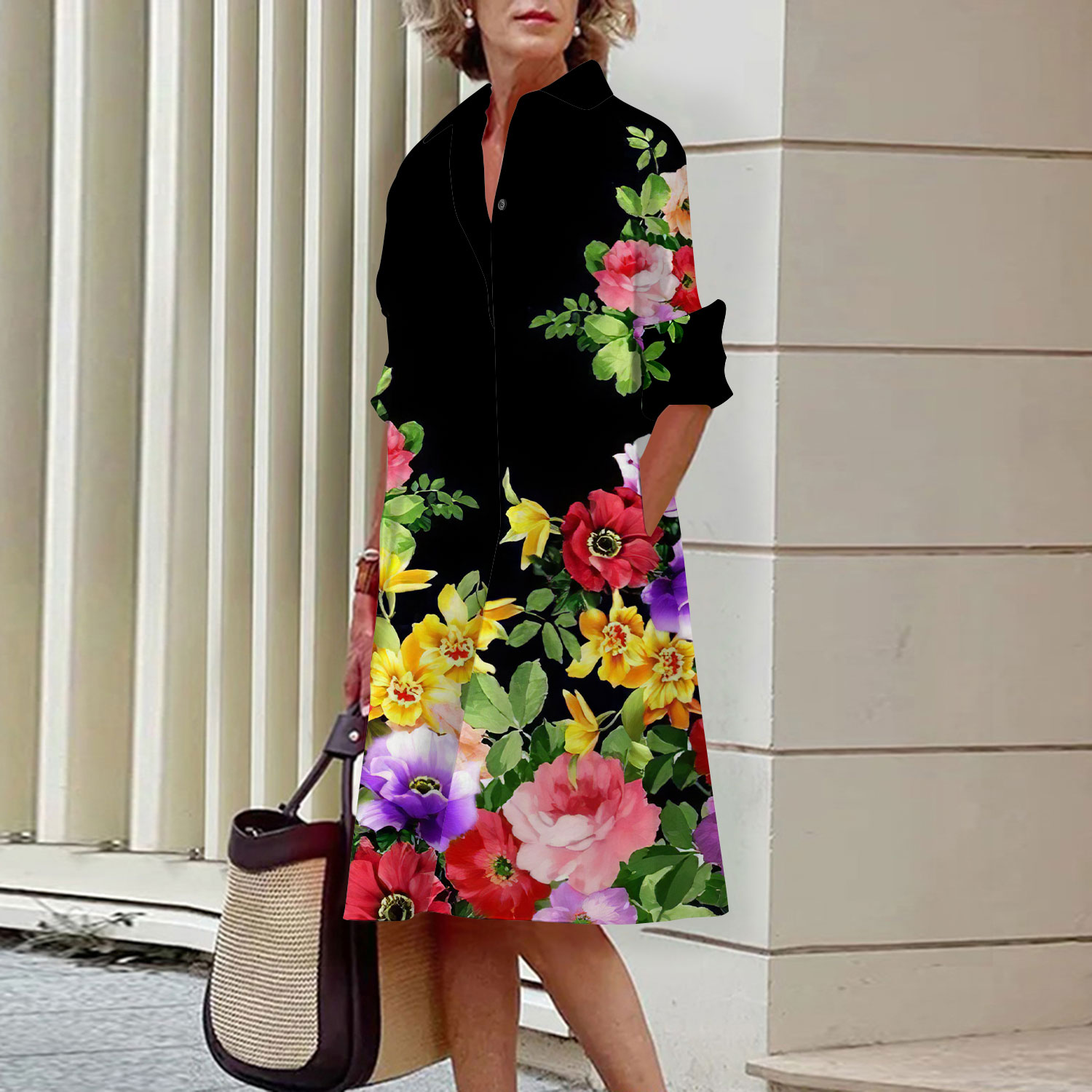Blumenmuster Hemdkleid Elegant – Midi Skirt Floral Bewertung und Preis