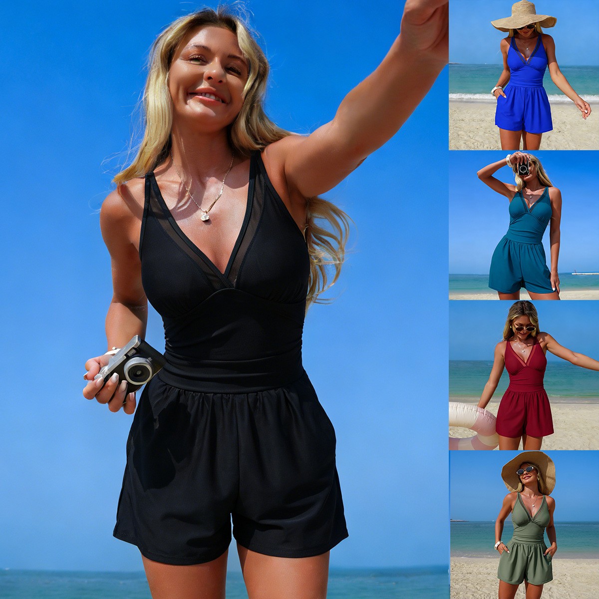 Schwarzer, einfarbiger, ärmell – Swimsuit Bikini Ruched Bewertung und Preis