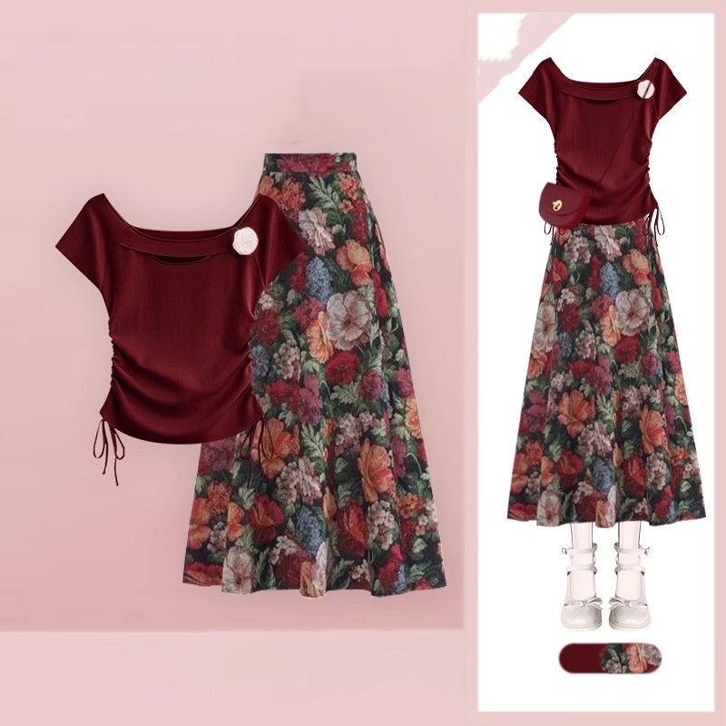 Frauen Glück Weinrot T-Shirts  – Midi Skirt Floral Bewertung und Preis